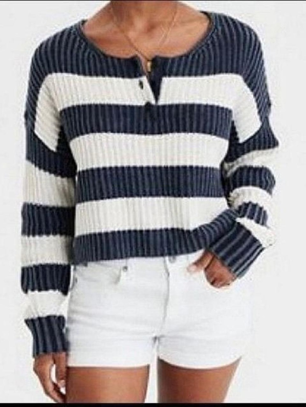 American Eagle Striped Rib-Knit Sweater - Navy & White
